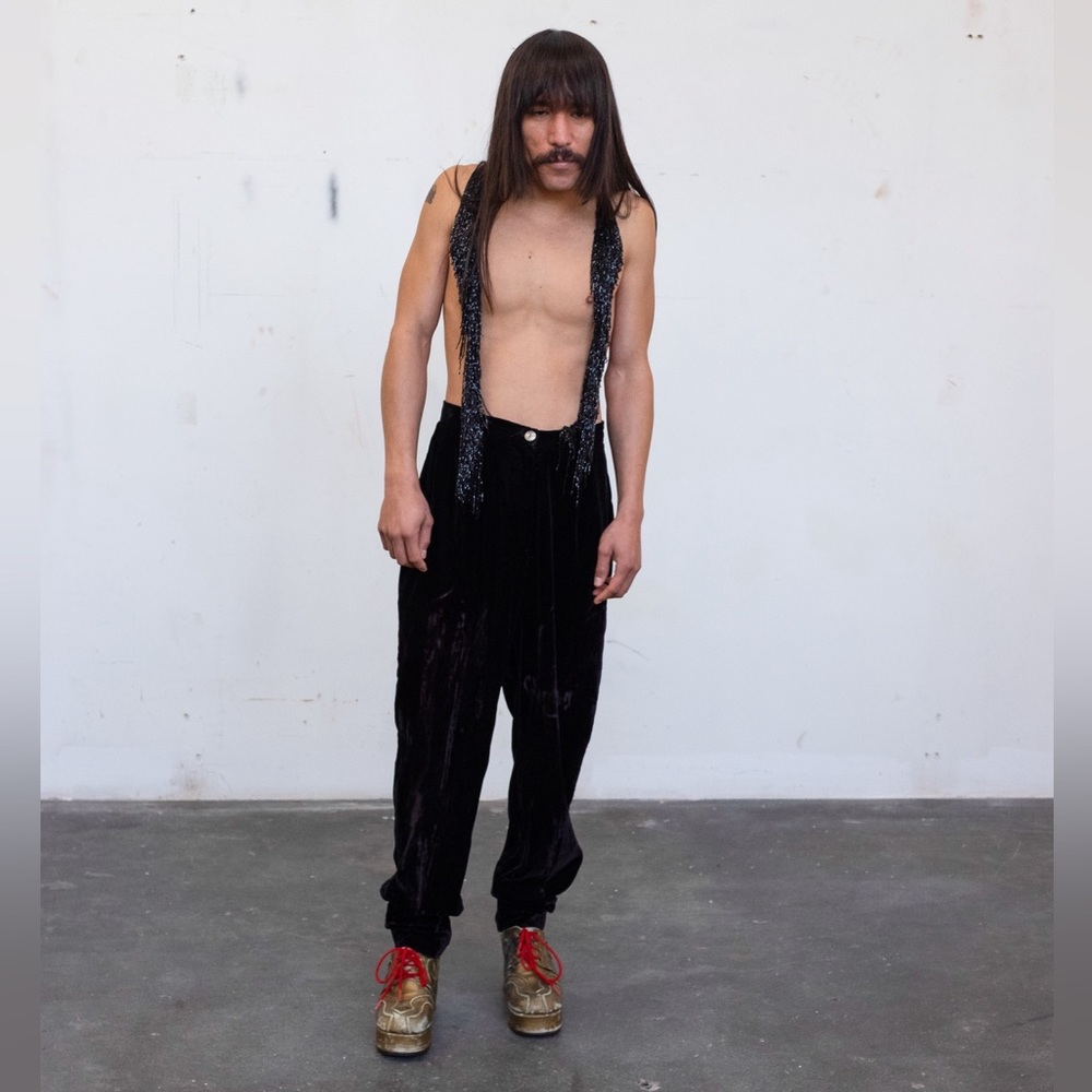 Imitation of Christ fall 2021 black velvet pants with tassel beaded suspenders